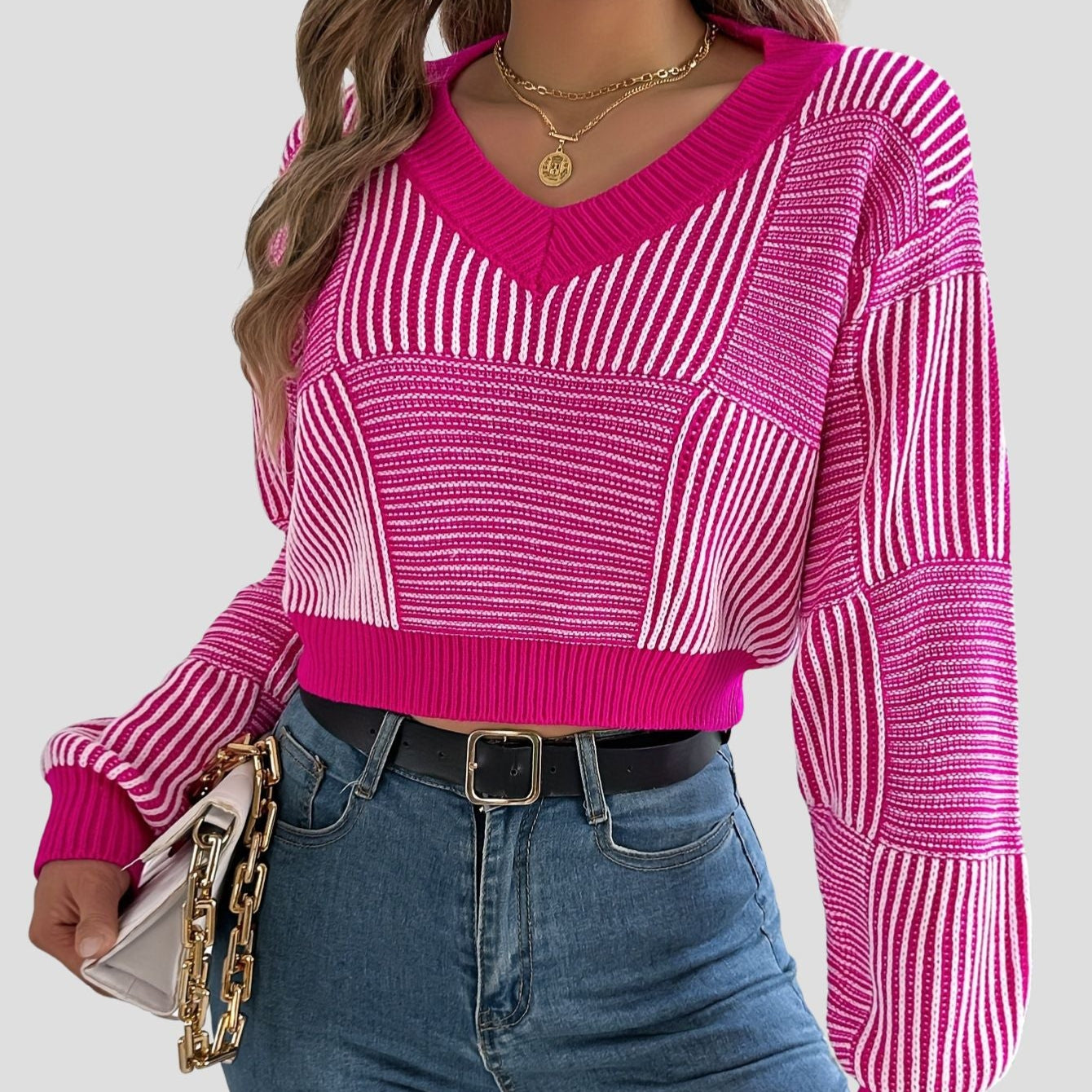 Striped V-Neck Knit Pullover Sweater