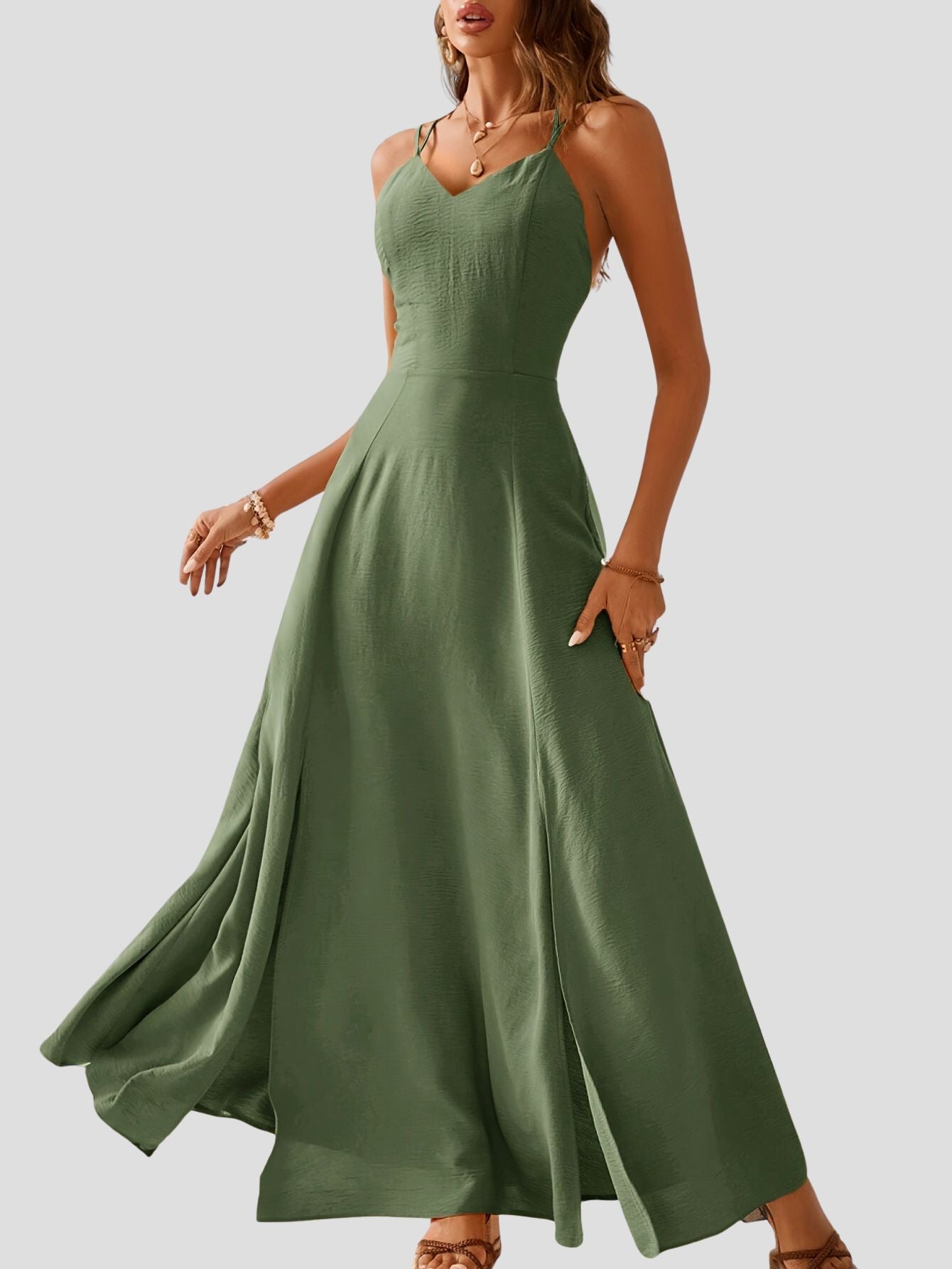 Elegant V-Neck Maxi Dress with Cross Strap