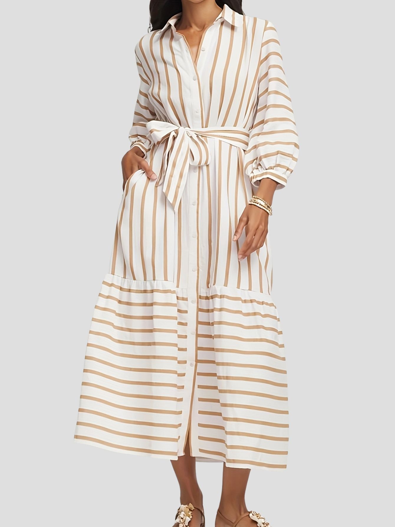 Horizontal Stripe Lapel Midi Dress