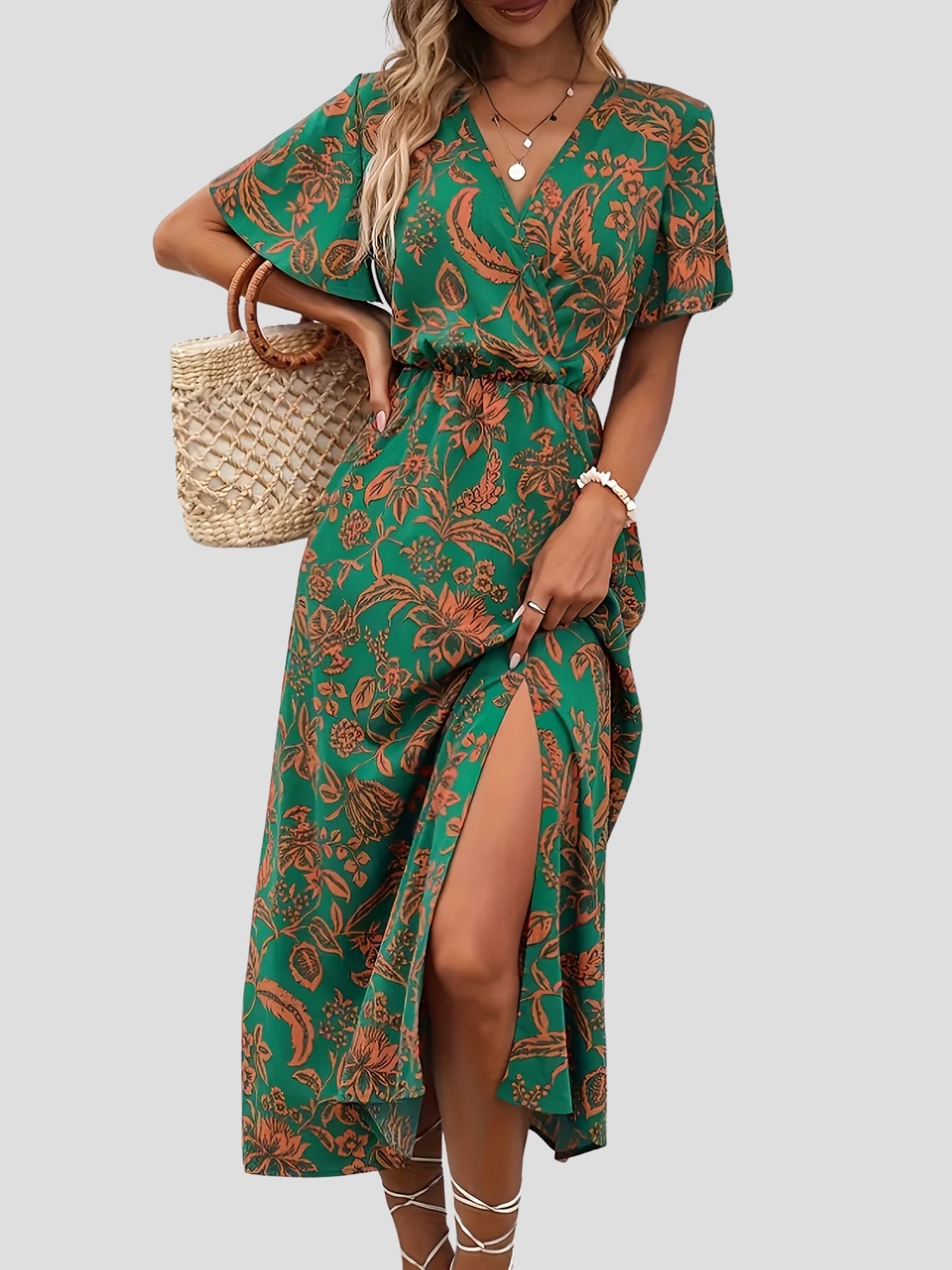 V-Neck Floral Print Maxi Dress