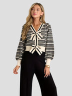 Striped V-Neck Cardigan with Bow Detail