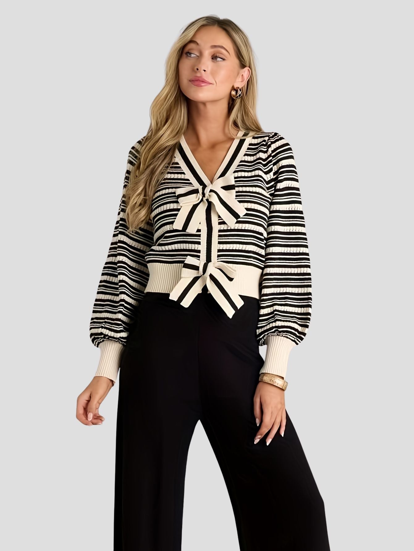 Striped V-Neck Cardigan with Bow Detail