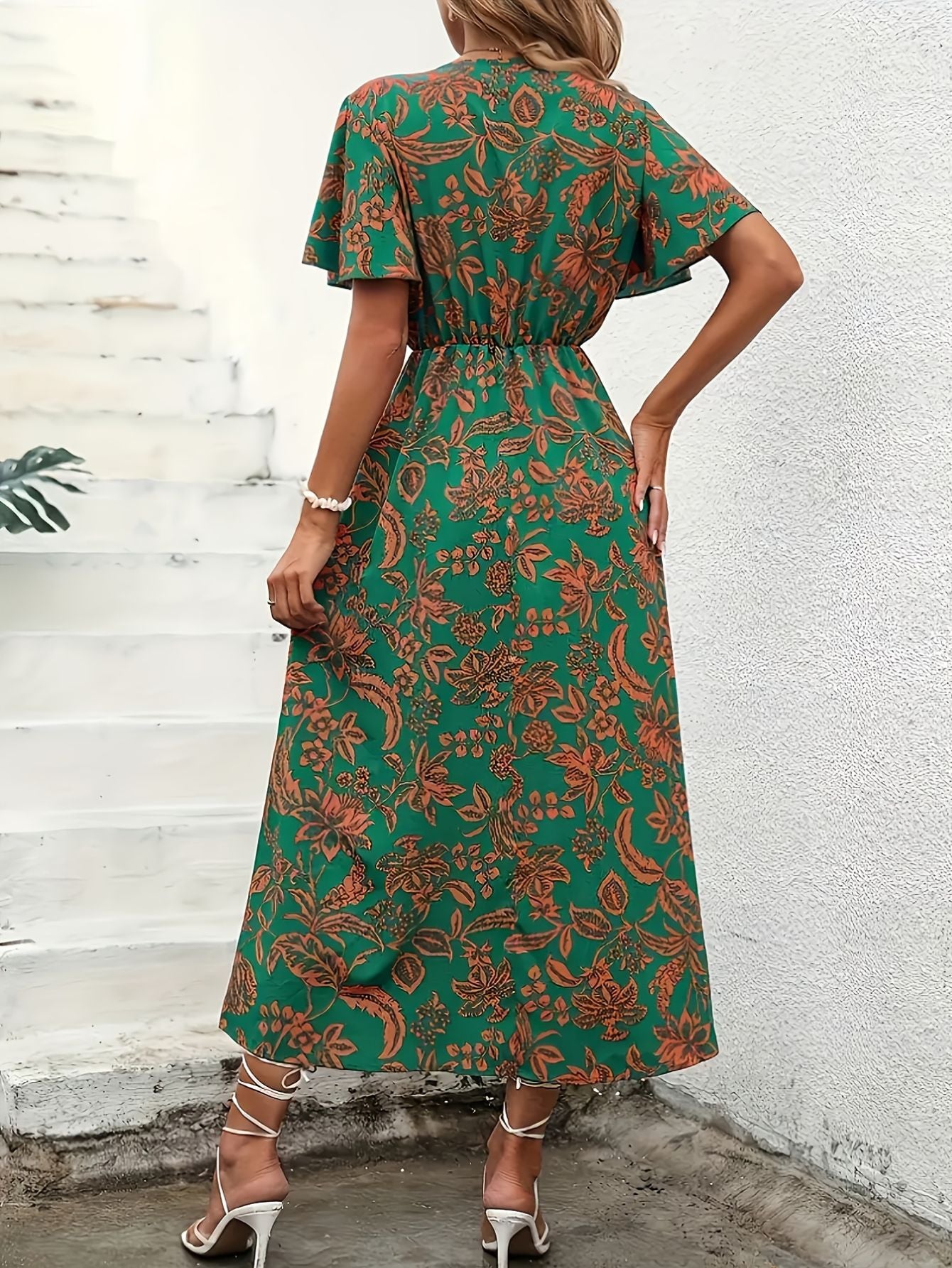 V-Neck Floral Print Maxi Dress