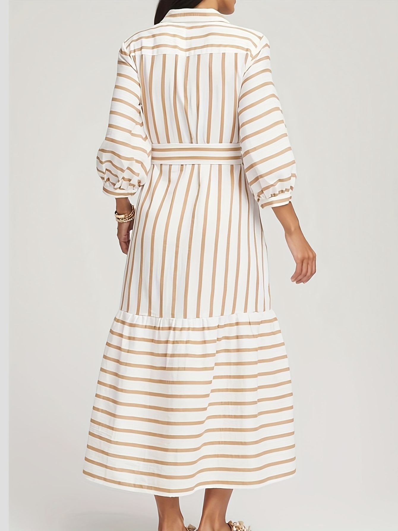 Horizontal Stripe Lapel Midi Dress