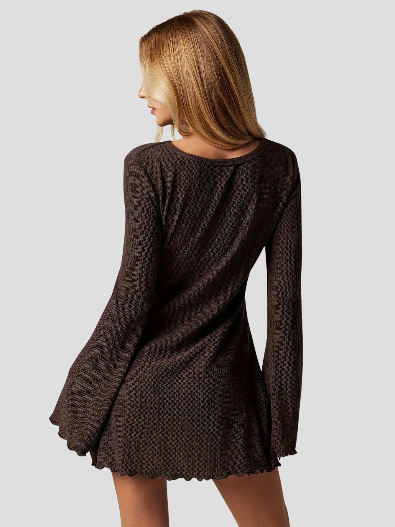 Solid Textured Flare Sleeve Mini Dress