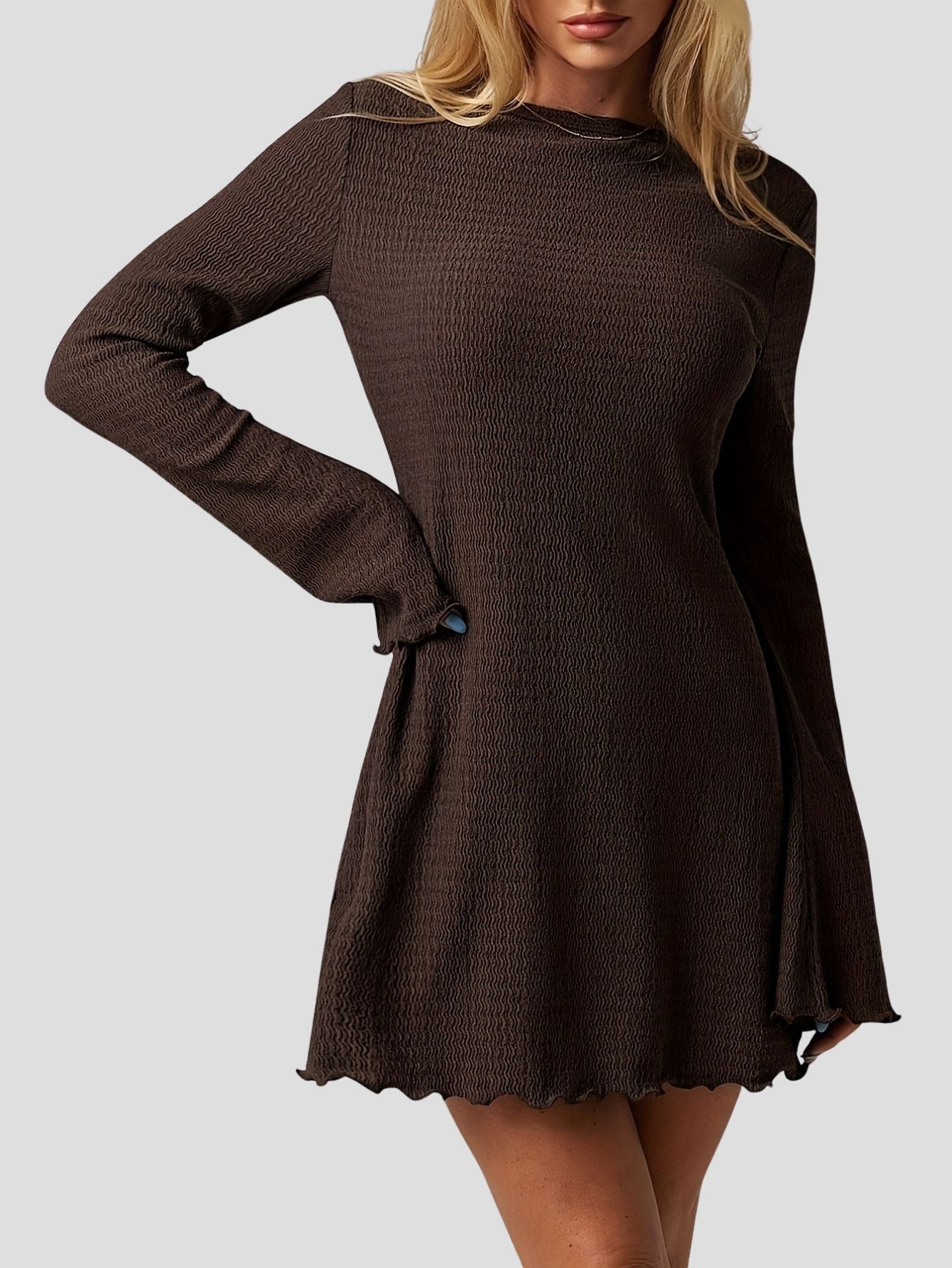 Solid Textured Flare Sleeve Mini Dress