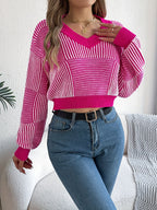 Striped V-Neck Knit Pullover Sweater
