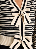 Striped V-Neck Cardigan with Bow Detail