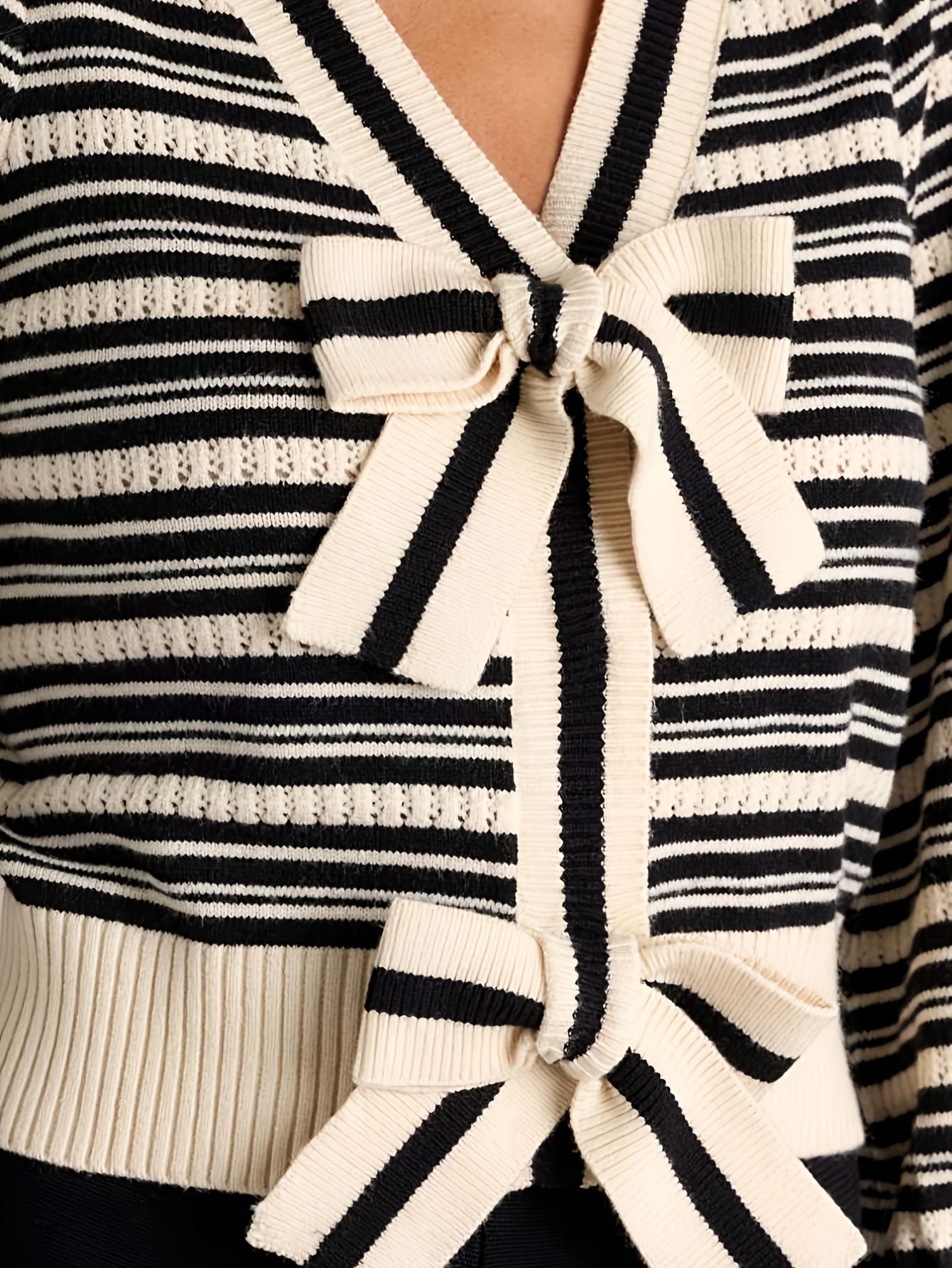 Striped V-Neck Cardigan with Bow Detail