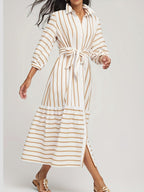 Horizontal Stripe Lapel Midi Dress