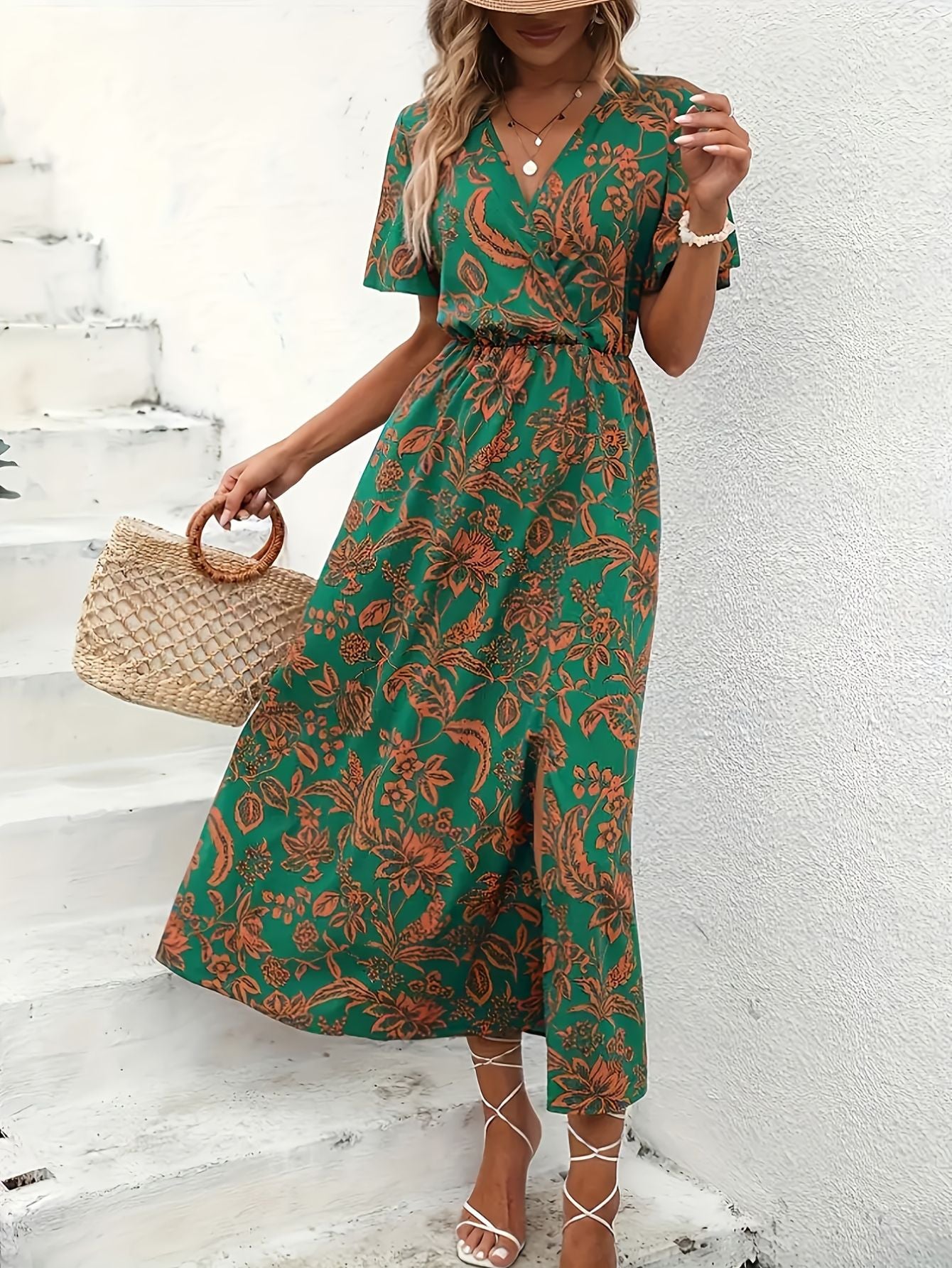 V-Neck Floral Print Maxi Dress