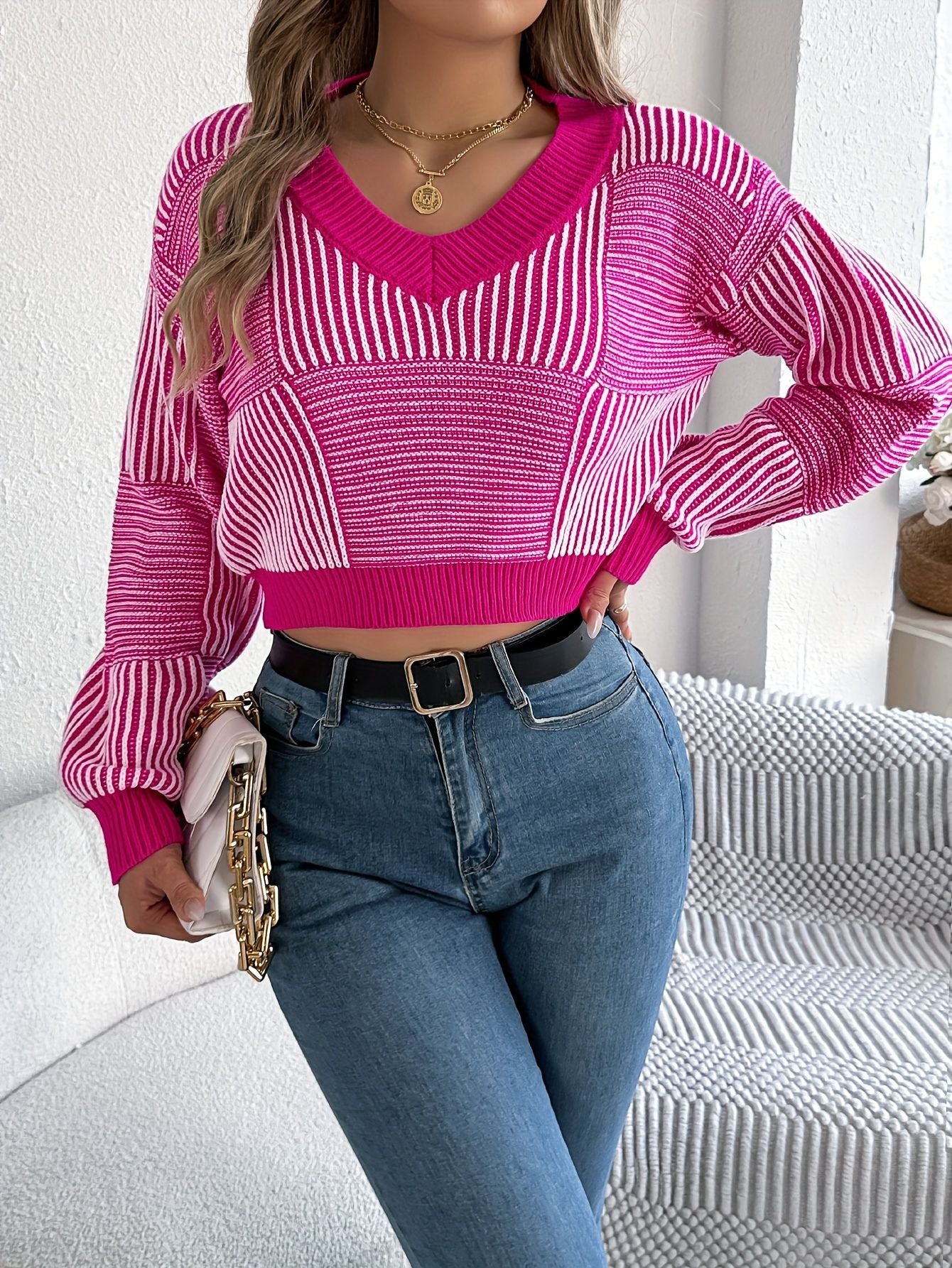 Striped V-Neck Knit Pullover Sweater