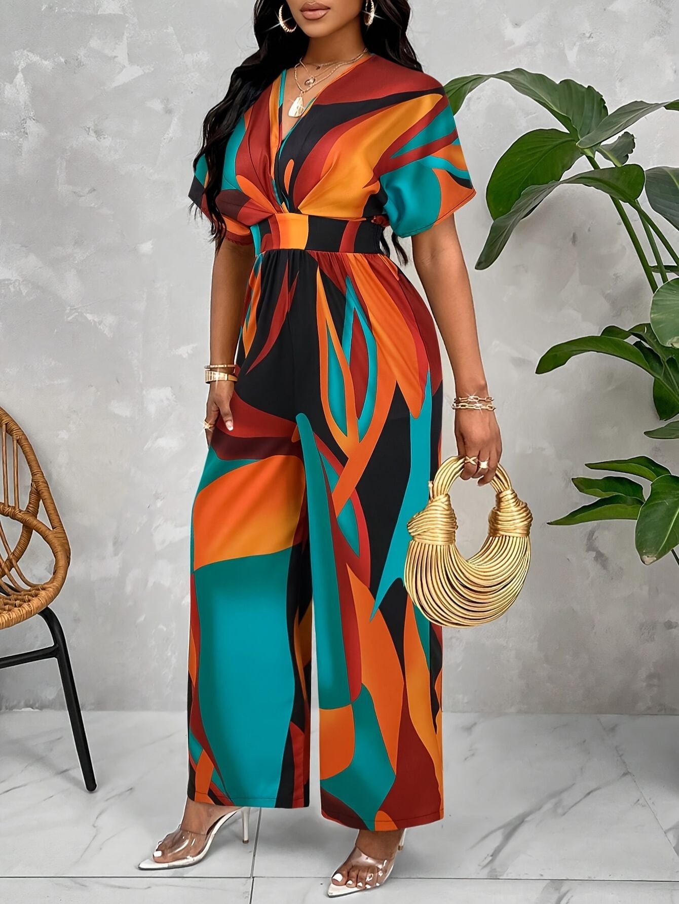 Vibrant Floral Print Batwing Jumpsuit
