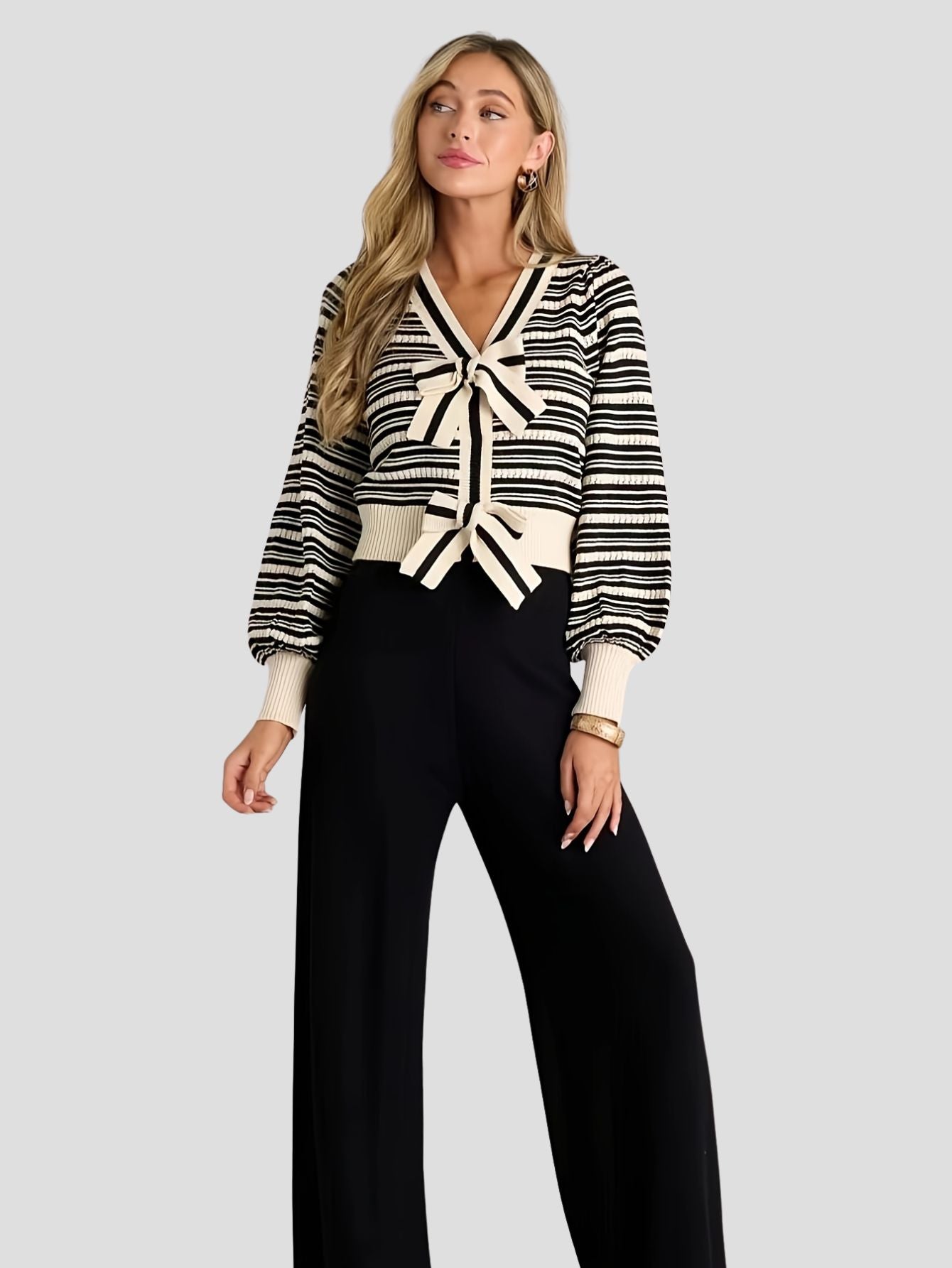 Striped V-Neck Cardigan with Bow Detail
