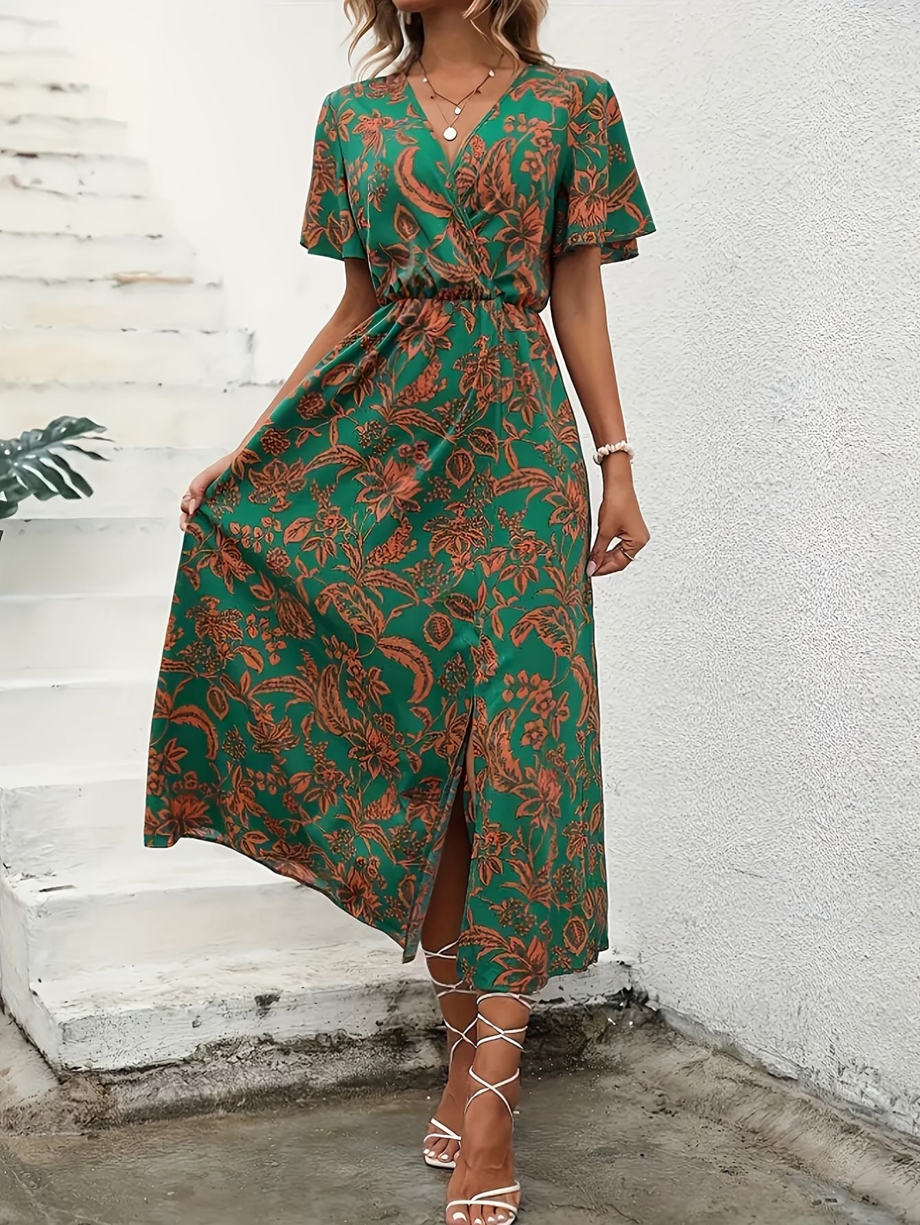V-Neck Floral Print Maxi Dress