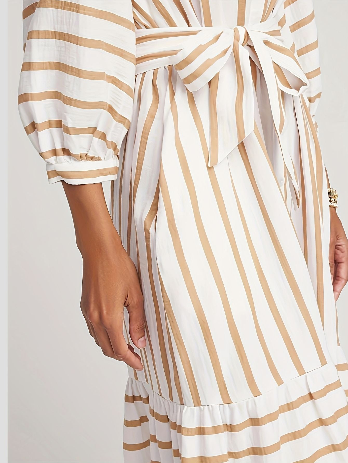 Horizontal Stripe Lapel Midi Dress