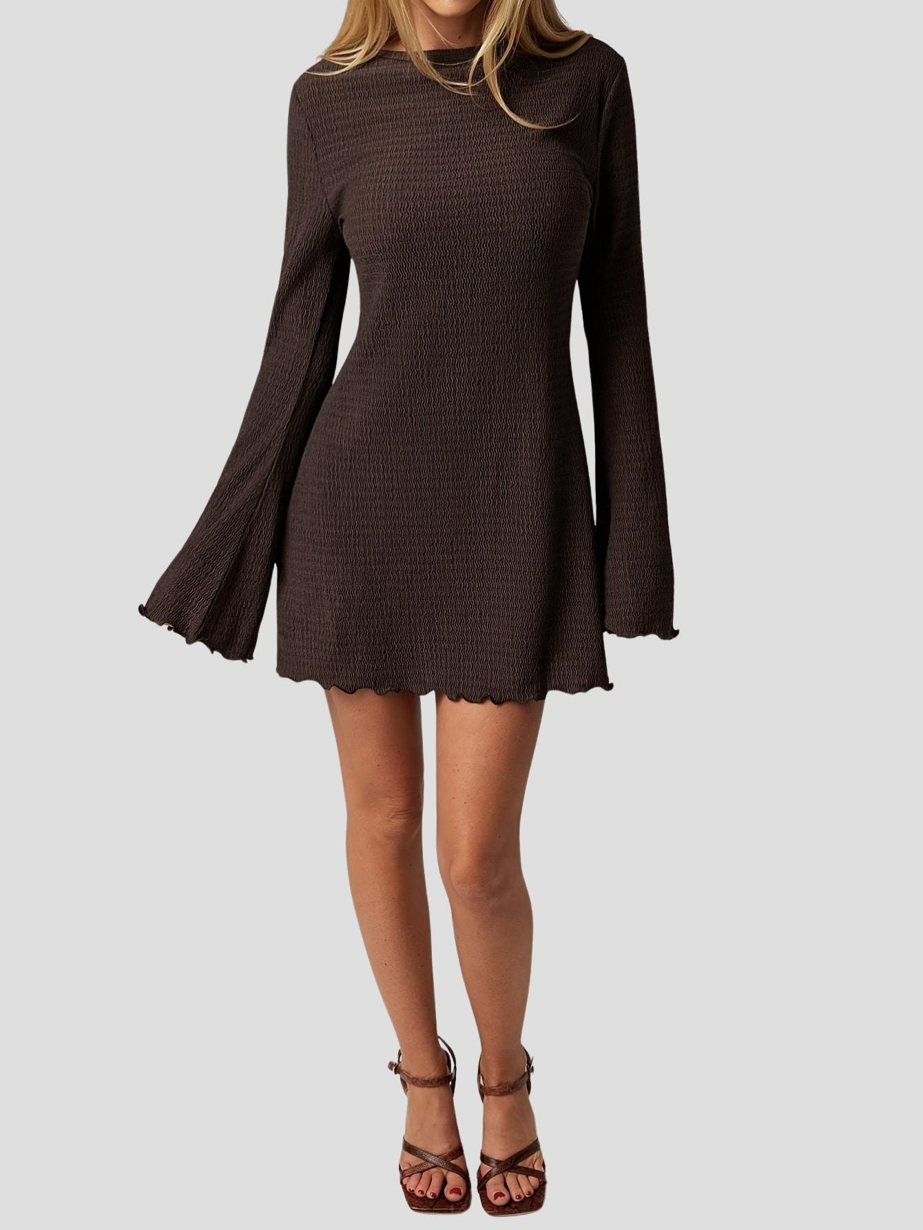 Solid Textured Flare Sleeve Mini Dress
