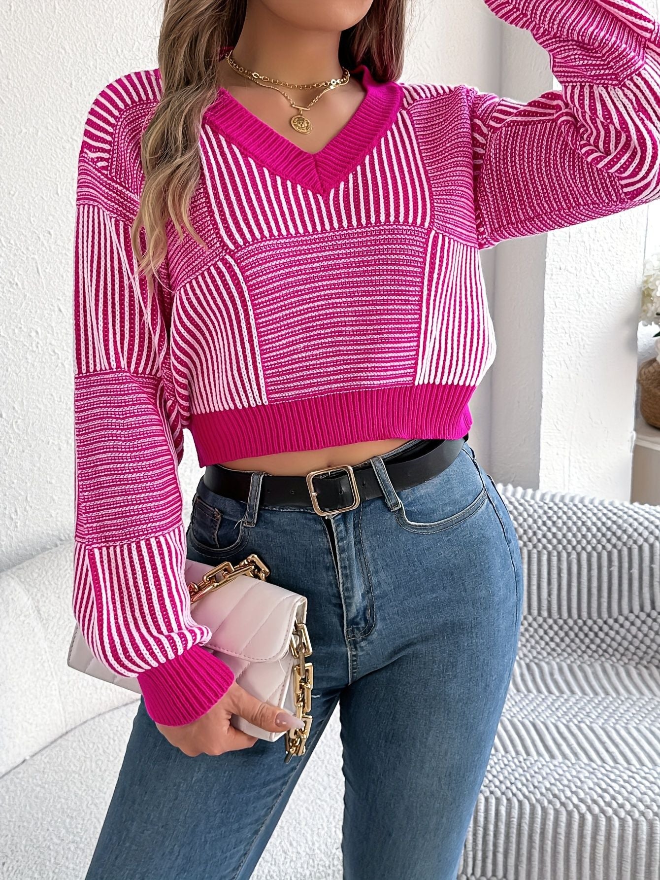 Striped V-Neck Knit Pullover Sweater