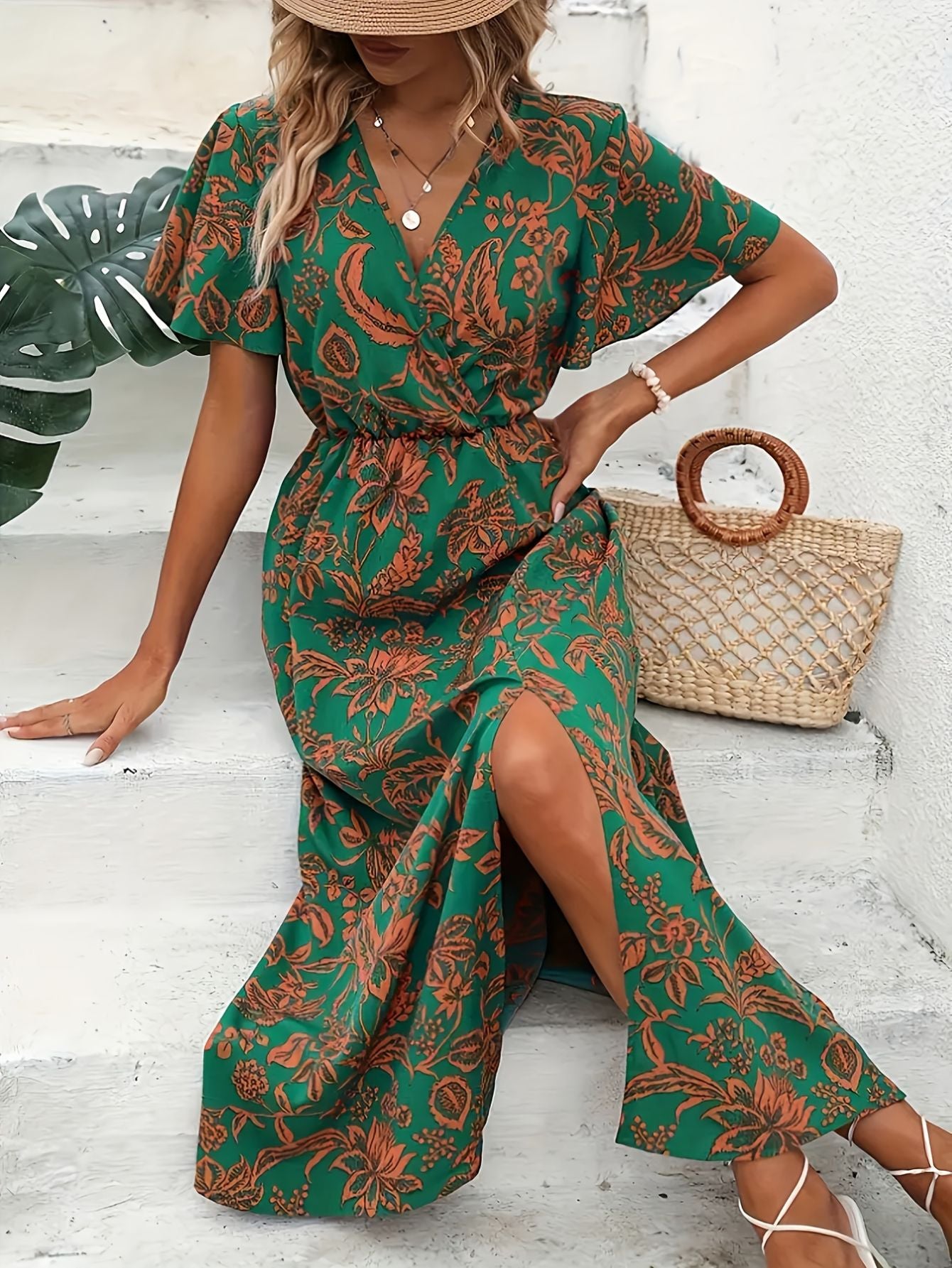 V-Neck Floral Print Maxi Dress