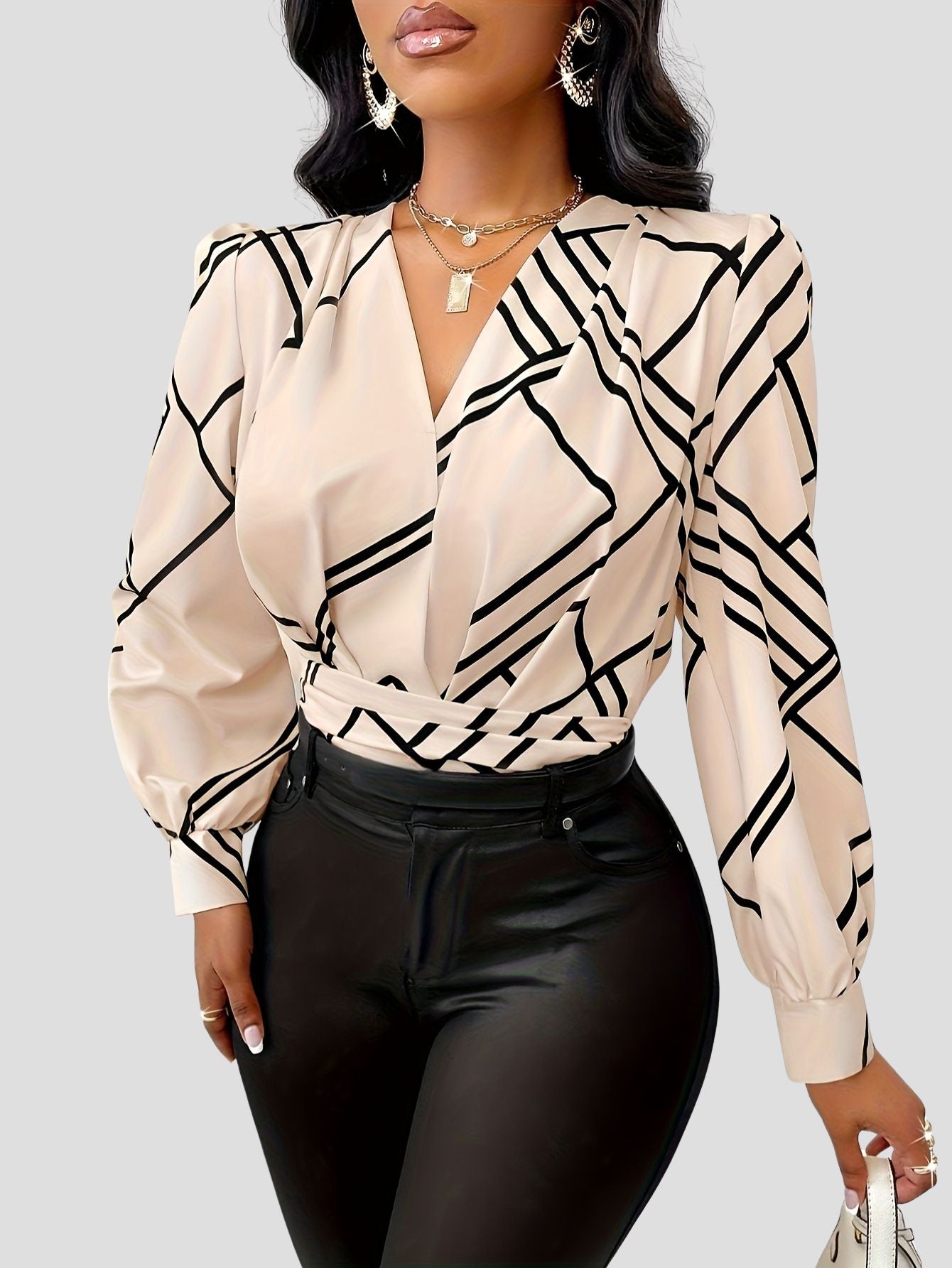 Geometric Print V-Neck Blouse