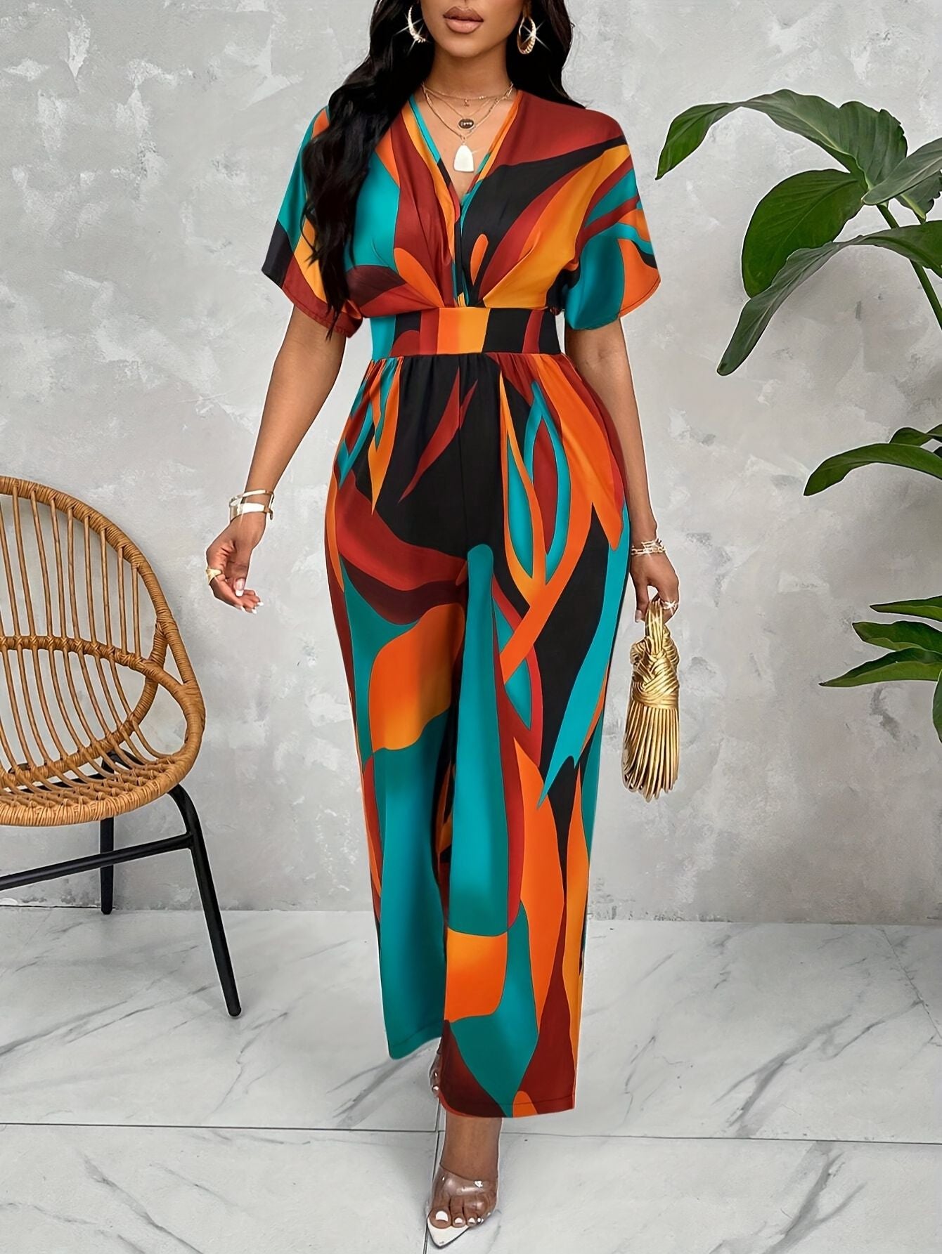 Vibrant Floral Print Batwing Jumpsuit