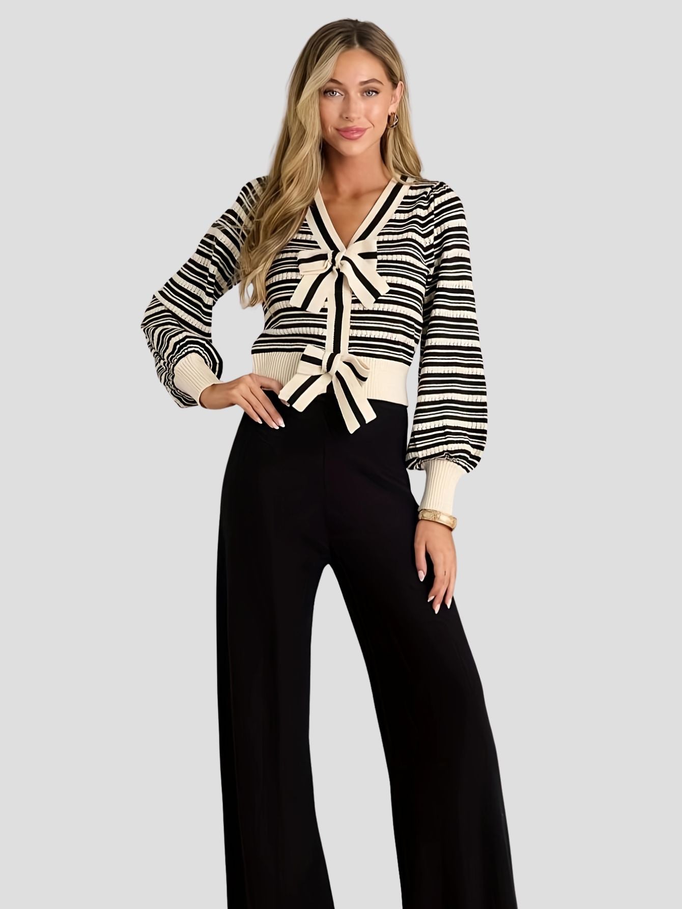 Striped V-Neck Cardigan with Bow Detail