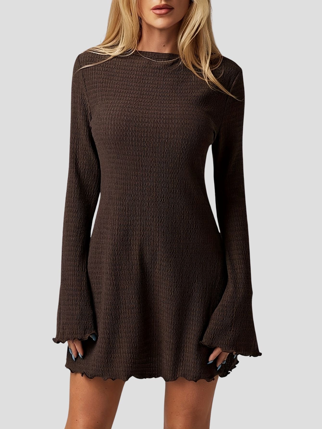 Solid Textured Flare Sleeve Mini Dress